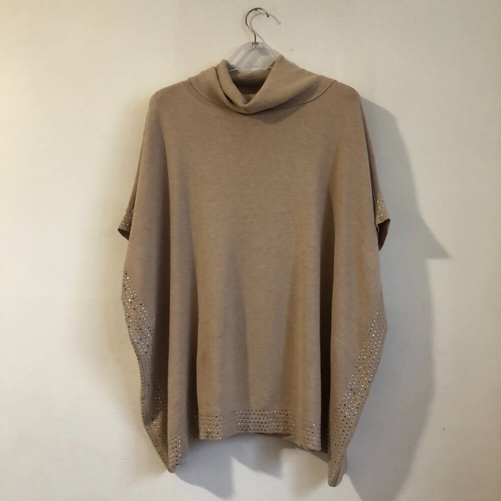 Martha Stewart Beige Oversized Turtleneck Jeweled Knit Poncho Sweater Large